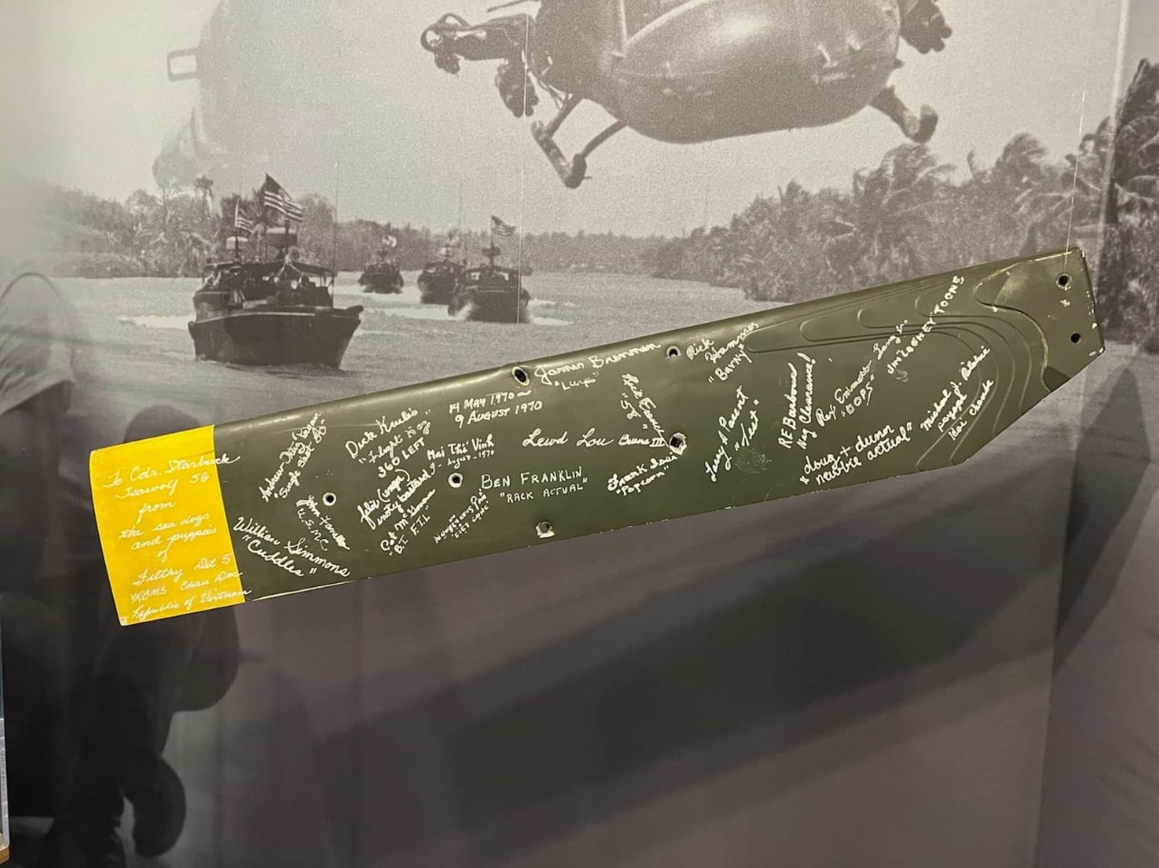 A signed Seawolf rotor blade on museum display — Bill's signature is visible